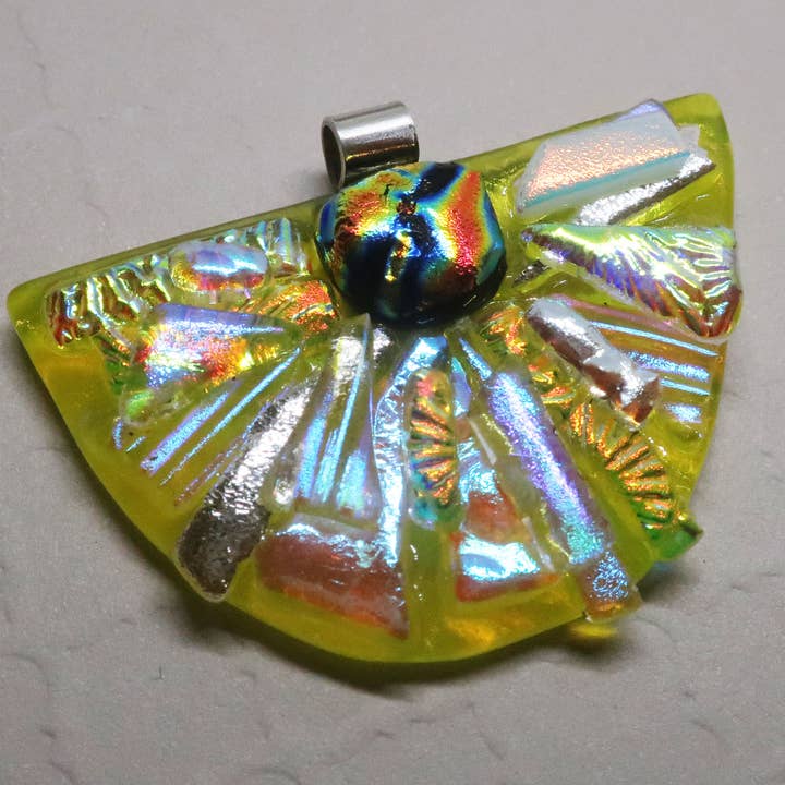 Lg Yellow Sun Sterling Silver Fused Dichroic Glass Pendant for wholesale by McCray Studios