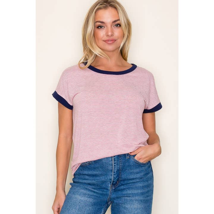 STACCATO - Wholesale Knit Top - Women's - COLOR TRIMMED PINSTRIPE TOP