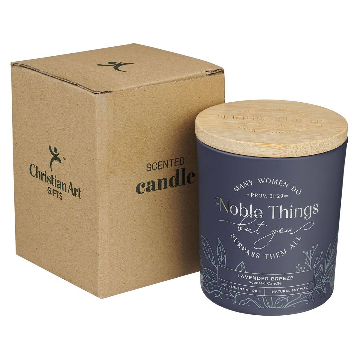 Christian Art Gifts - Wholesale Jar/Filled Candle - Glass Candle w/Bamboo Lid Blue Noble Things Prov. 31:291