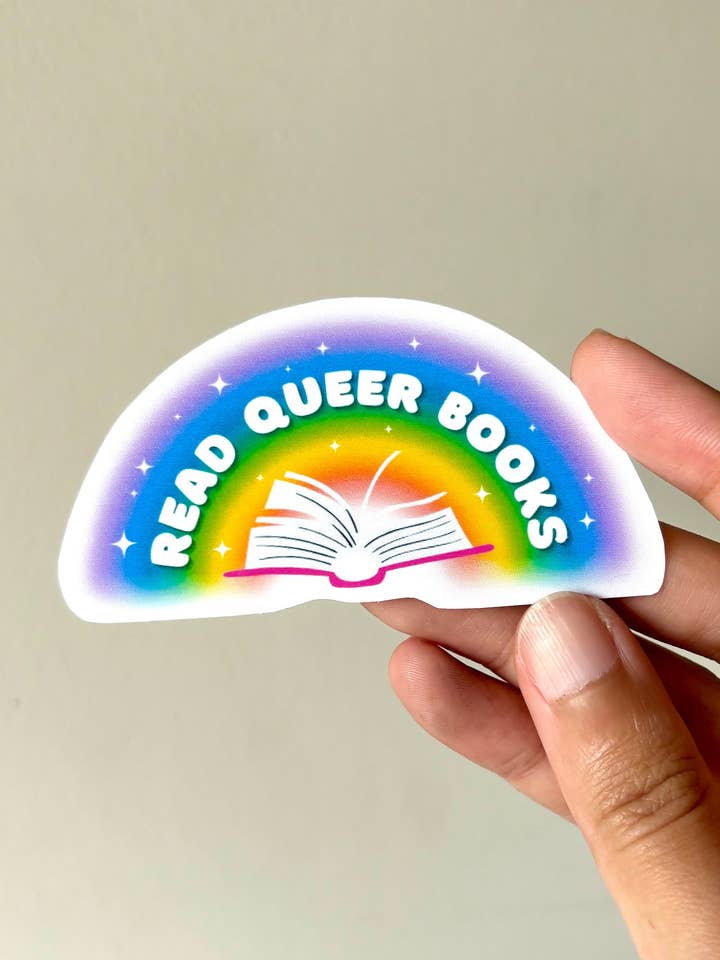 Read Queer Books Sticker | Rainbow Library Bookworm Decal for wholesale by UNFOLDZinesandArt