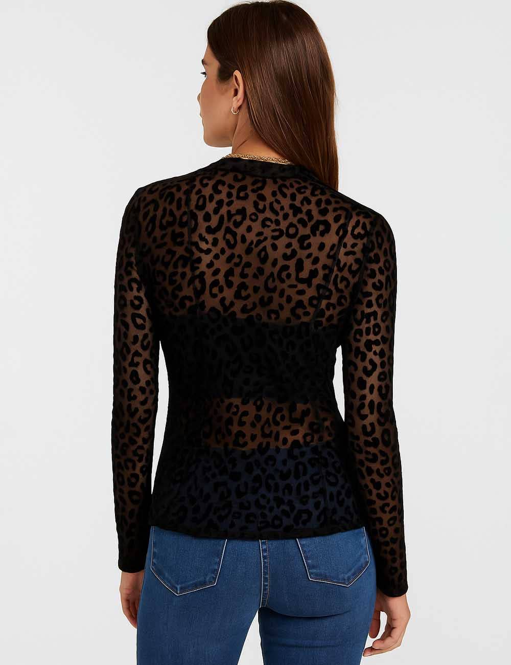Black Ladies See Sheer Pullover Blouse Leopard Mesh Layring Top SKT4947 for wholesale on Faire2