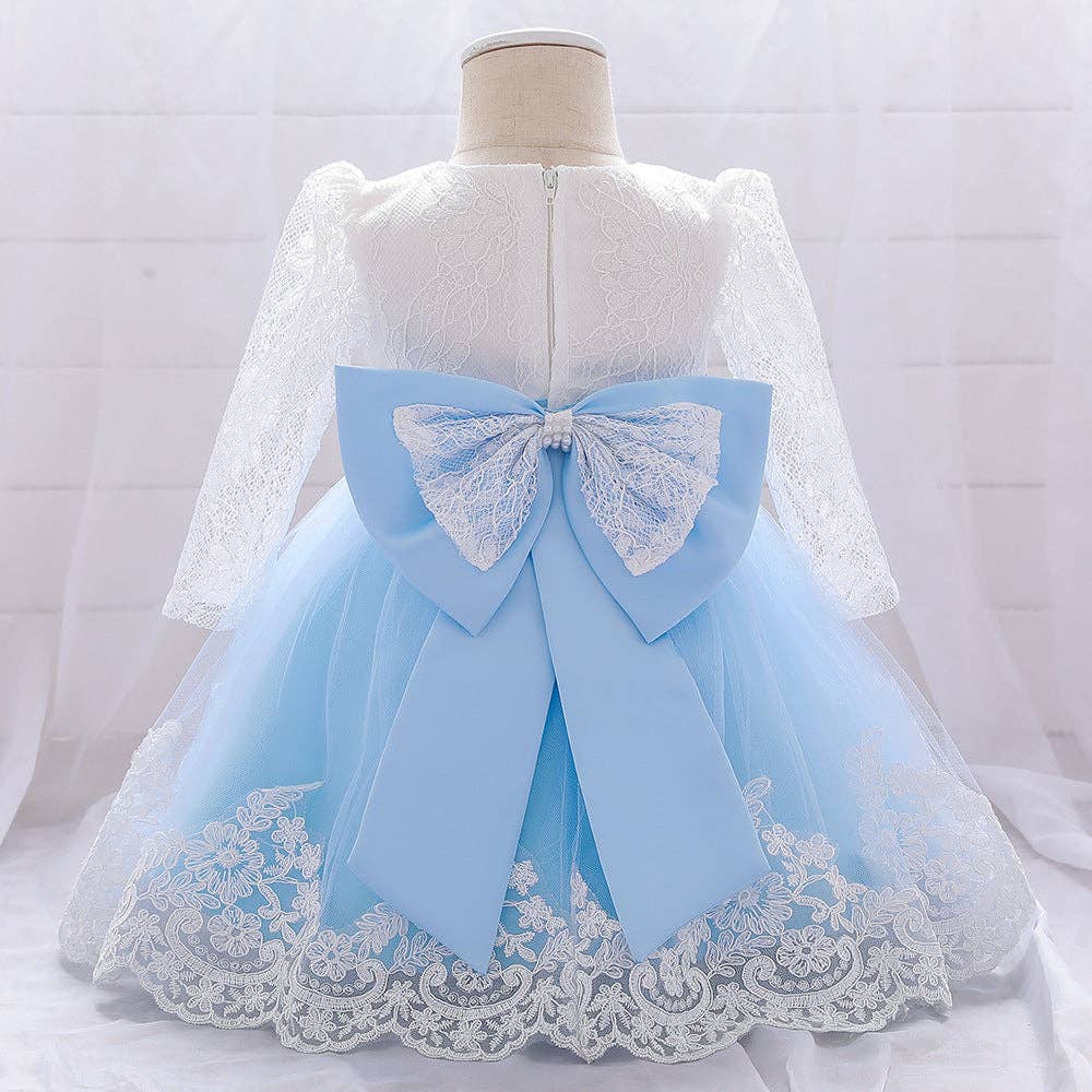 MyKids-USA® - Wholesale Dress - Baby - Baby Girl Bow Patched Design Long Sleeves Full Moon Christening Mesh Formal Dress12