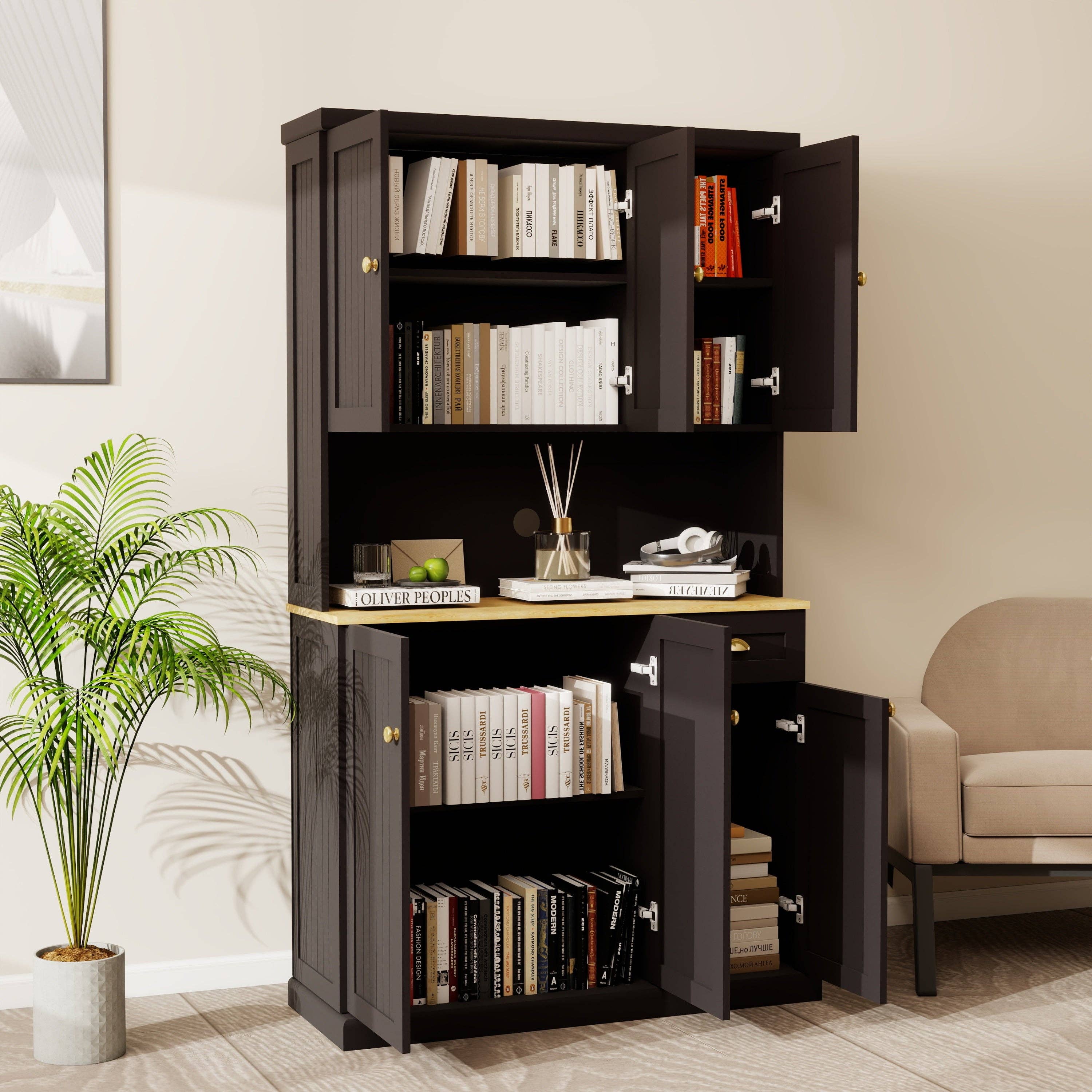 39F Inc. - Wholesale Cabinet - Black Kitchen Pantry Cabinet with Microwave Countertop14