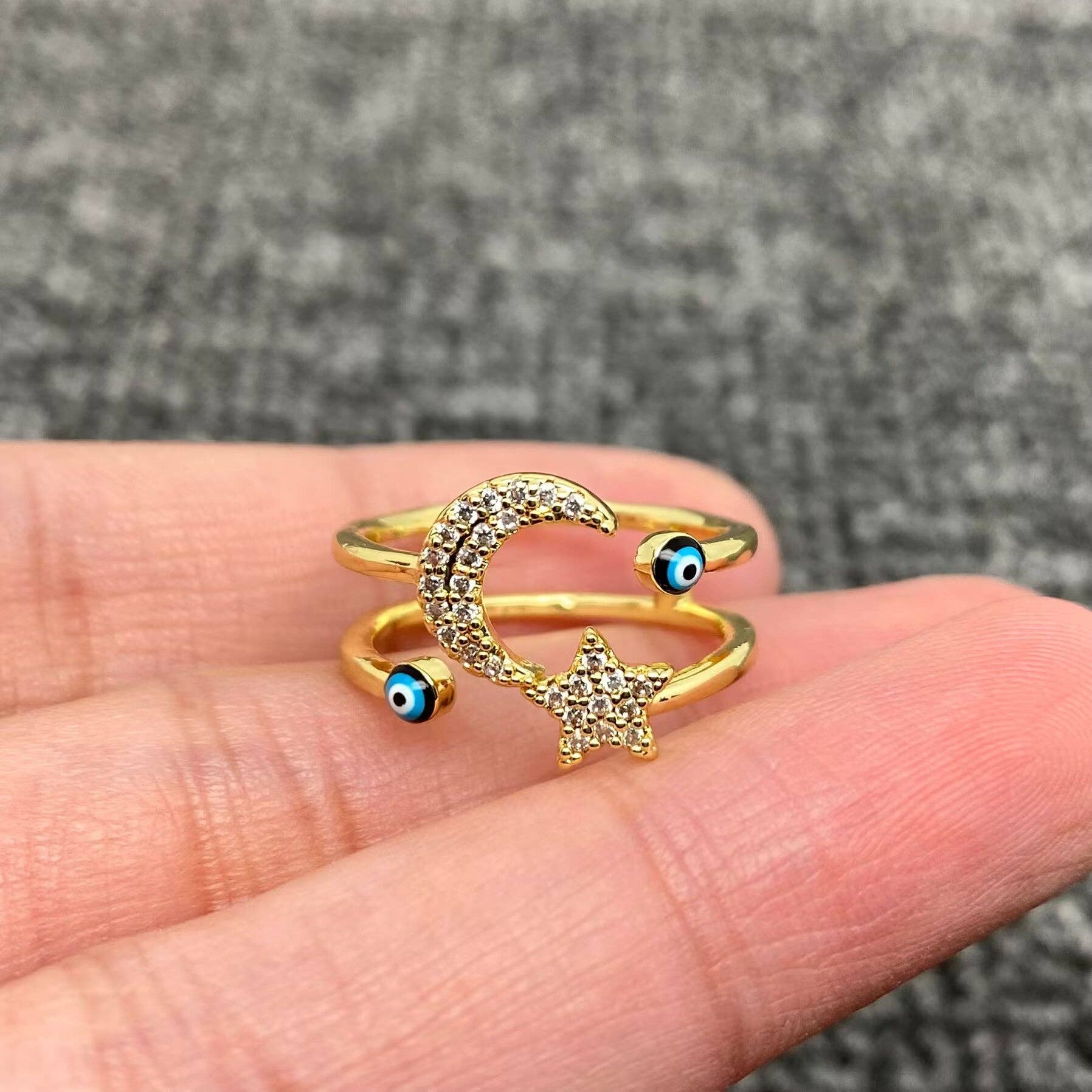Mio Queena - Wholesale Cocktail/Statement Ring - Enamel Rhinestone Turkey Eye Evil Eye Golden Adjustable Rings11