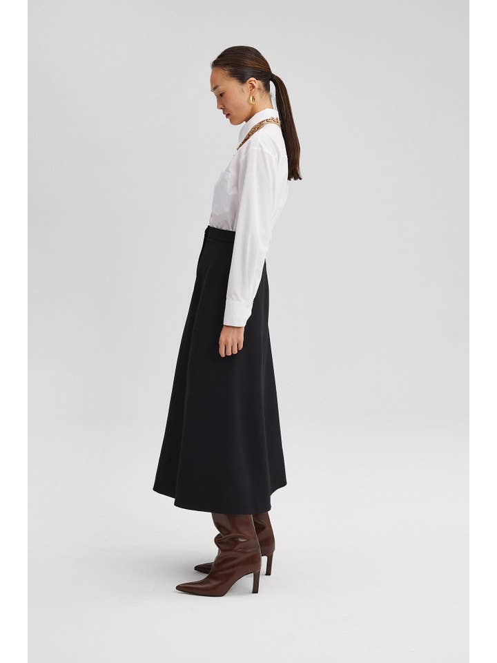 BLACK A-LINE CREPE MIDI SKIRT for wholesale on Faire