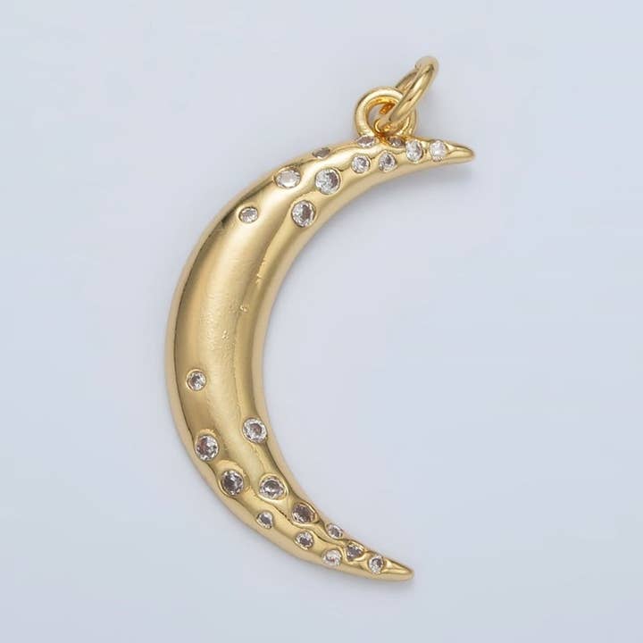 24K Gold Filled Clear CZ Dotted Celestial Crescent Moon Charm | E002 for wholesale by Aim Eternal