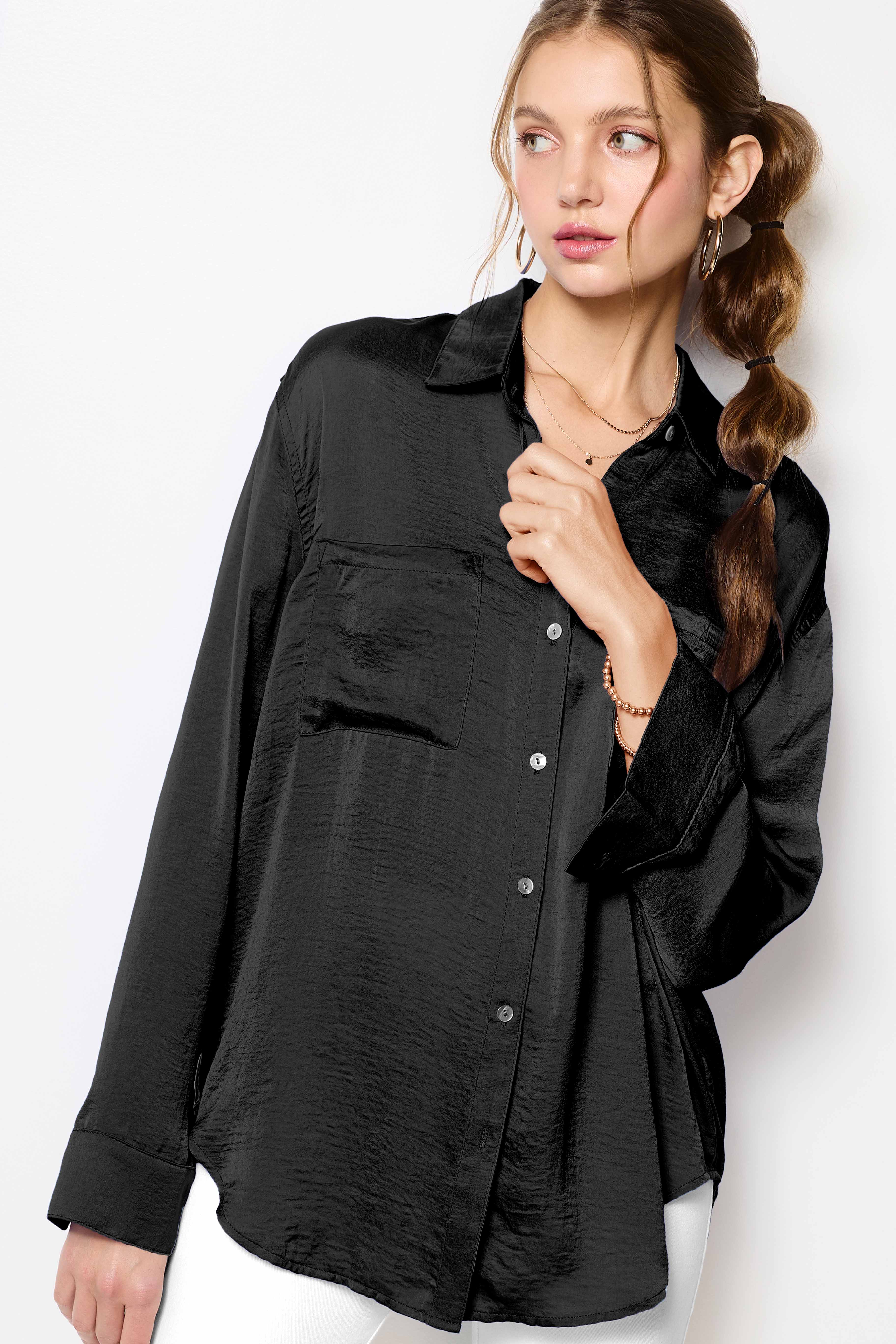 La Miel - Wholesale Button Down Shirt - Women's - SRT7452-Silky and Flowy Button Down Long Sleeve Shirts22