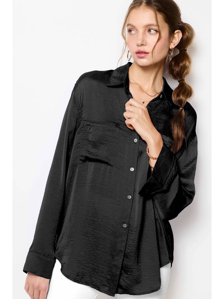 La Miel - Wholesale Button Down Shirt - Women's - SRT7452-Silky and Flowy Button Down Long Sleeve Shirts22