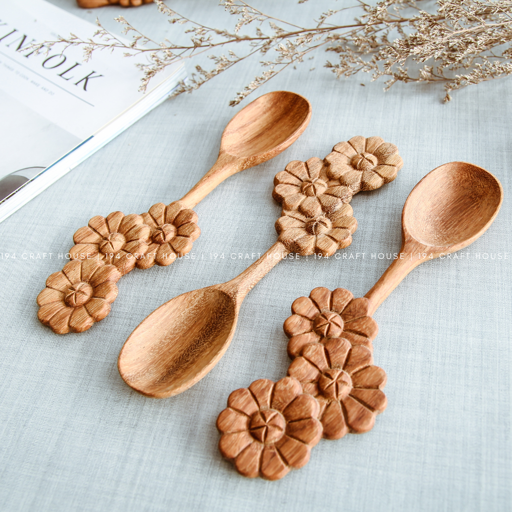 194 Craft House - Wholesale Kitchen Spoon - Hand Carved Three Flowers-Shape Handle Wooden Spoon5