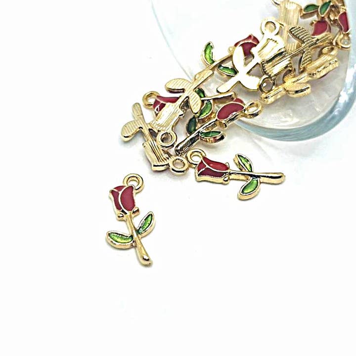Guerrilla Charm - Wholesale Individual Charm/Pendant - 50 Pcs Red Enamel Rose Charms