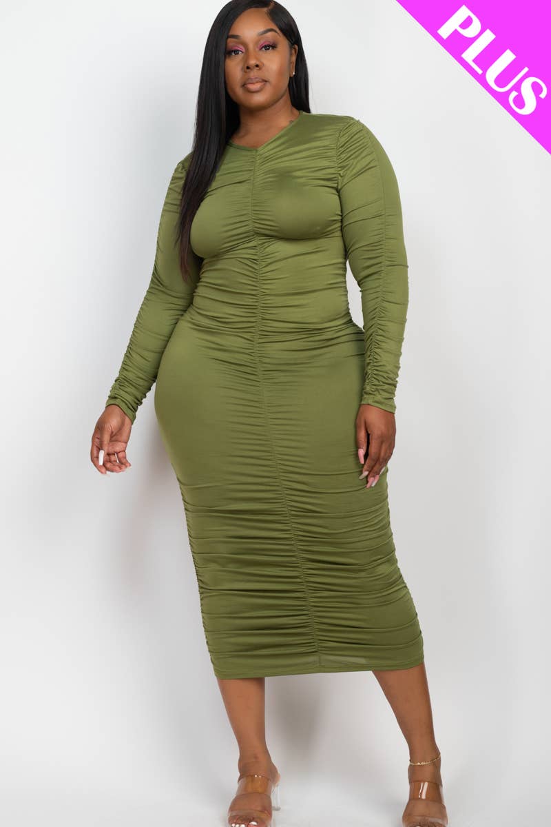 CAPELLA APPAREL - Wholesale Dress - Women's - Plus Size Ruched Long Sleeve Midi Dress10