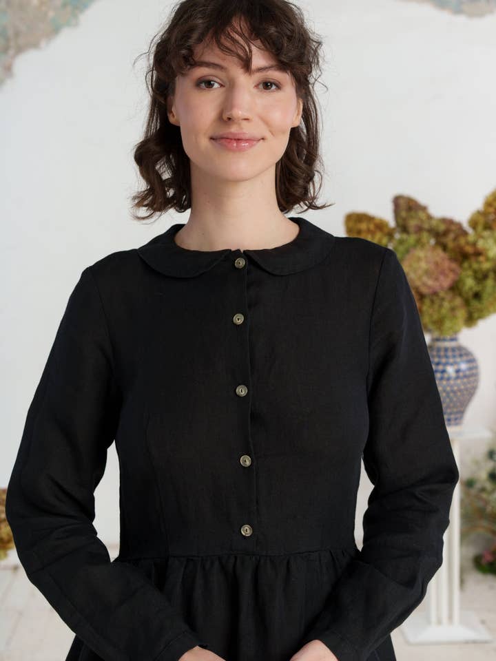 Night Garden Classic – Midi Linen Dress with Peter Pan Collar for wholesale on Faire20