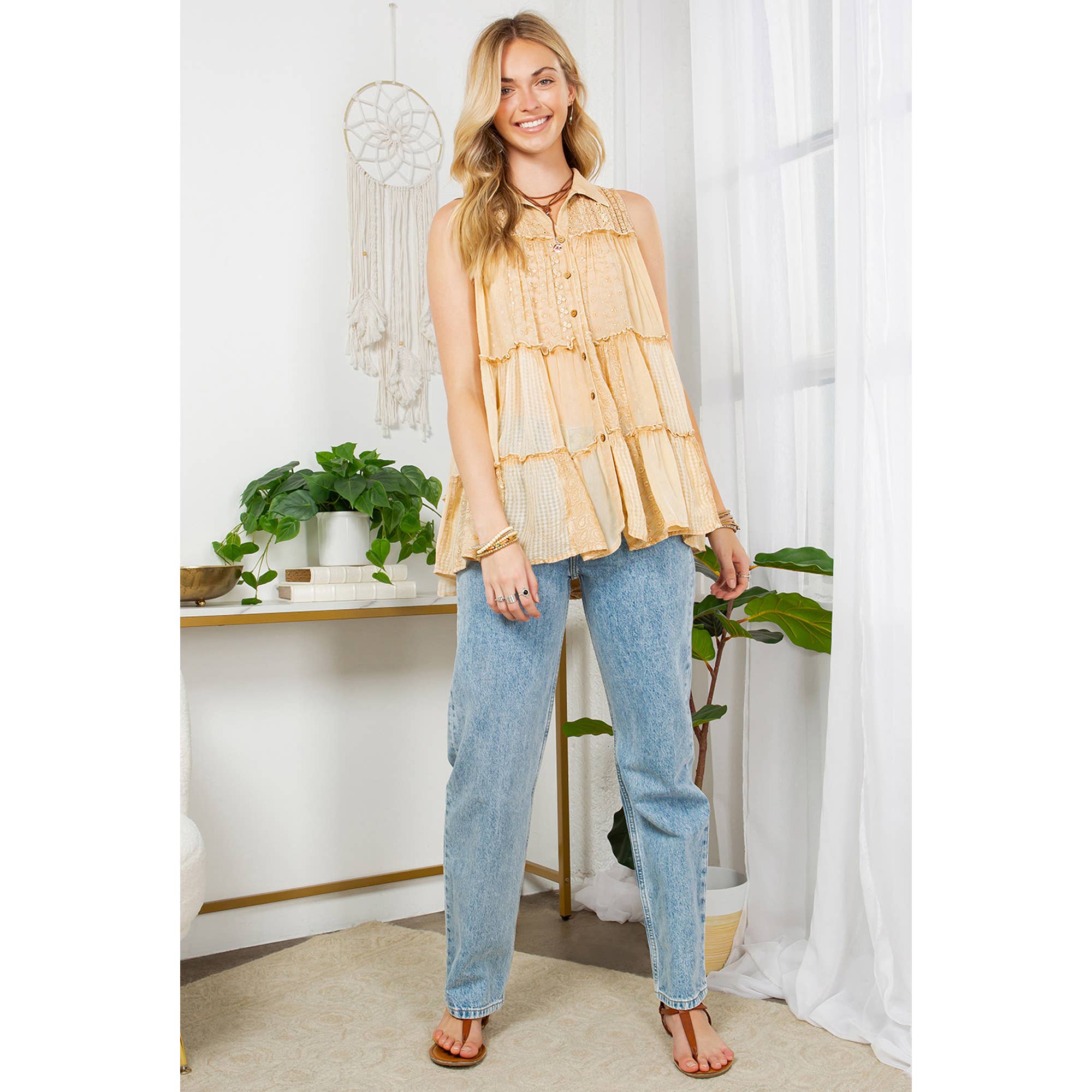 Young Threads - Wholesale Button Down Shirt - Women's - Sleevless Jhabla Top Emb Stonewashed8