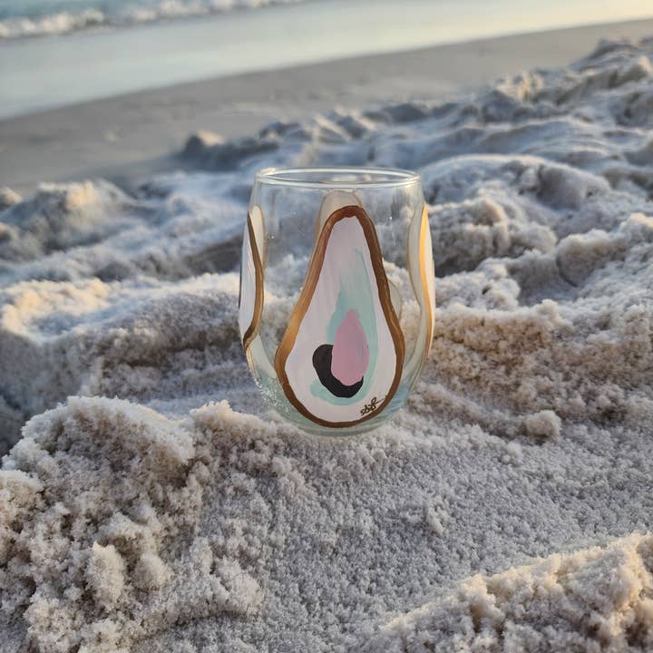 Stemless Coastal Oyster Glass Assortment | Hand-Painted for wholesale by Sugarcane Home