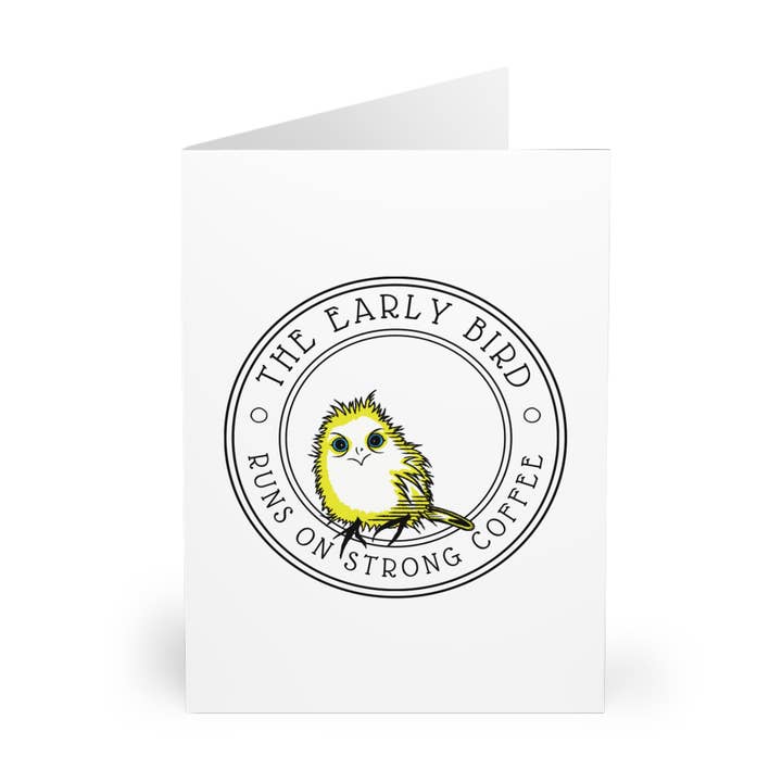 Wenskaarten, The Early Bird Runs on Strong Coffee - Coffee Lover Note Cards Whimsical Disheveled Bird Design van Terry Heath voor wholesale door Terry Heath Art