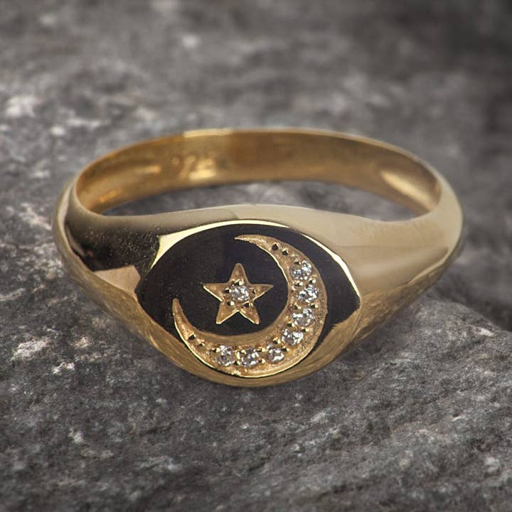 Round Celestial Signet Ring with CZ in Gold Vermeil for wholesale by The Jewellery Store London