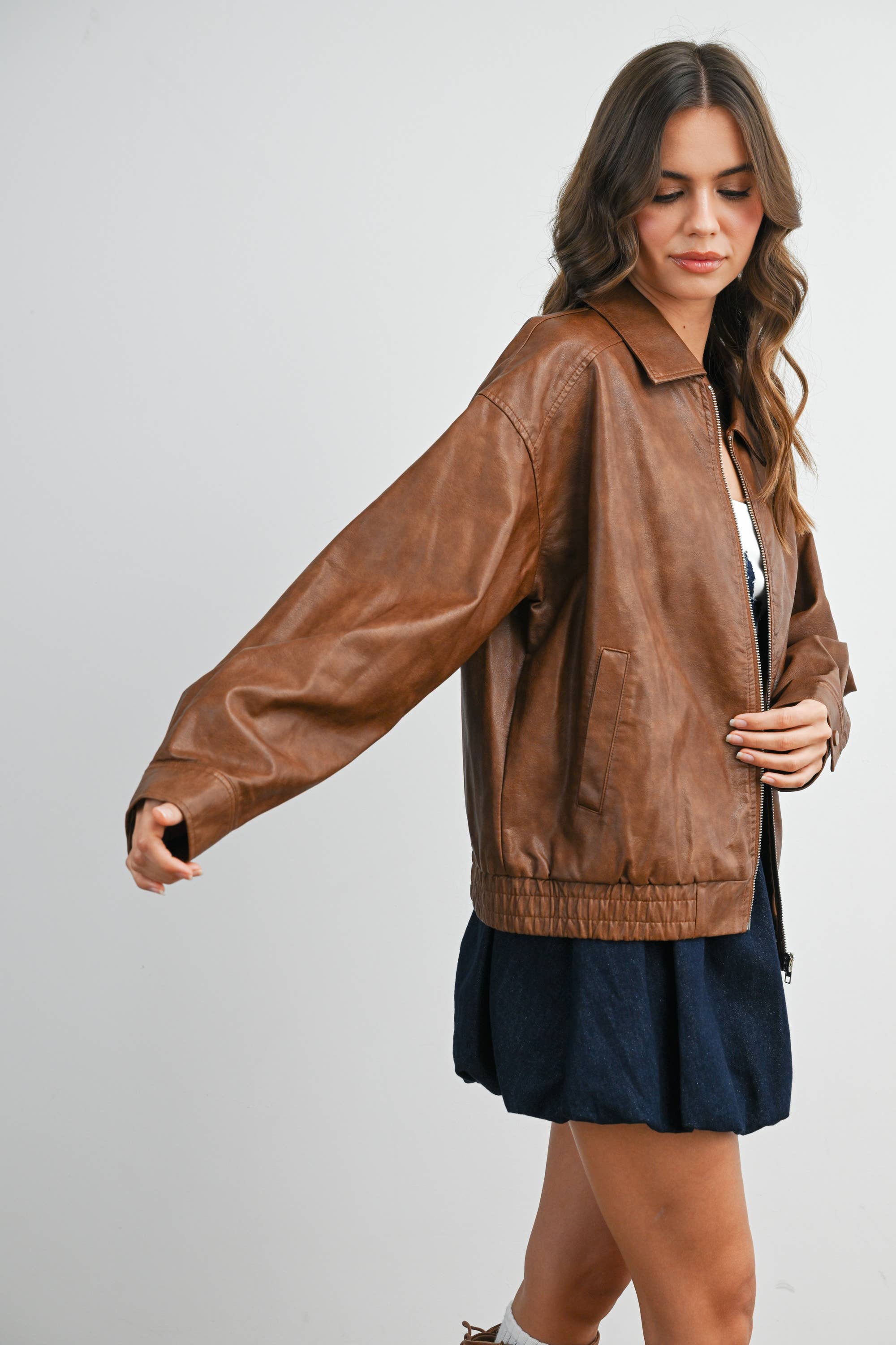 BUTTERMELON - Wholesale Jacket - Women's - Collared Zip-Front Leather Jacket - BMJ796825