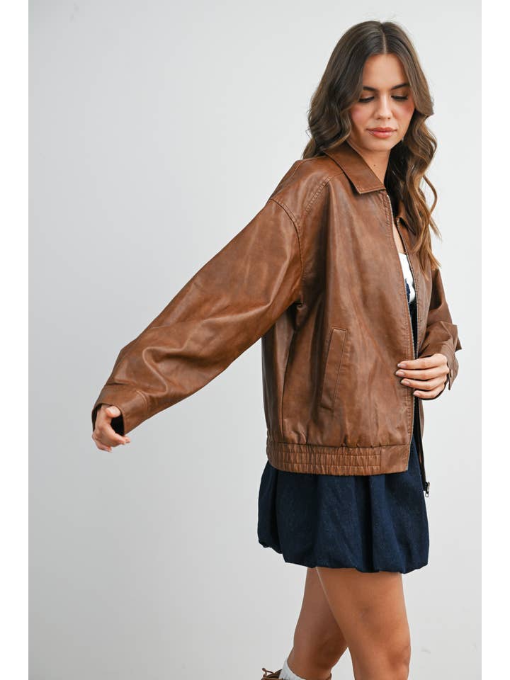 BUTTERMELON - Wholesale Jacket - Women's - Collared Zip-Front Leather Jacket - BMJ796825