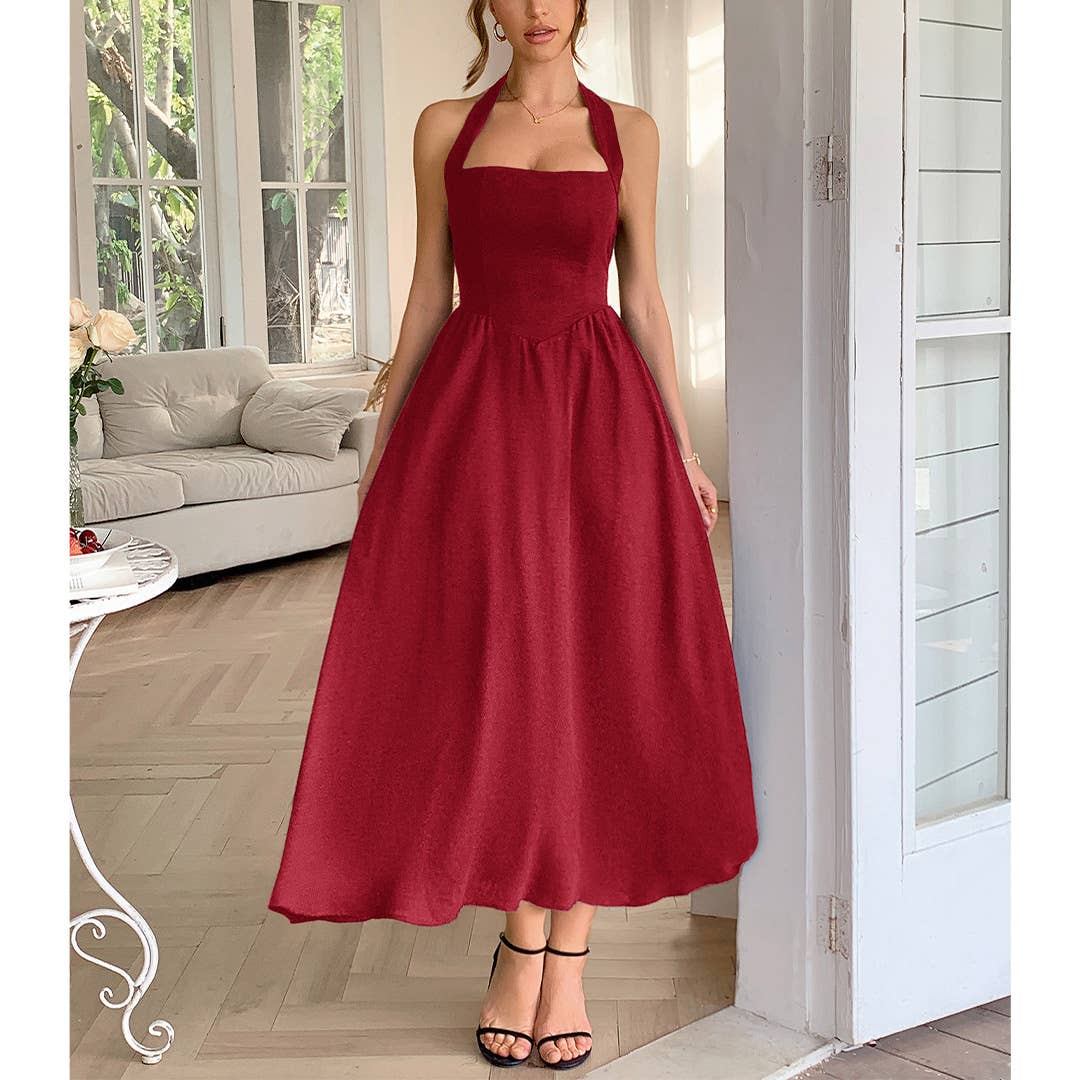 UNISHE - Wholesale Dress - Women's - Vacation Style Halter Neck Waist-Tie Maxi Dress DY3726