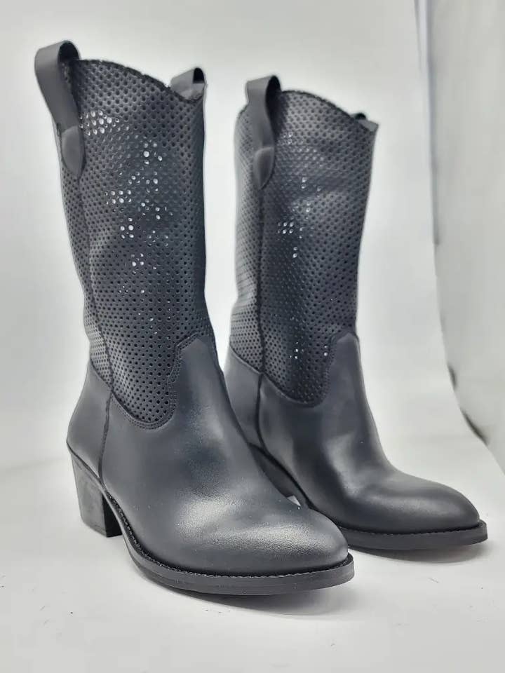 Eccellenza Donna - Wholesale Cowboy Boots - Women's - ART.150 Cowboy Black leather -holed Made in Italy0