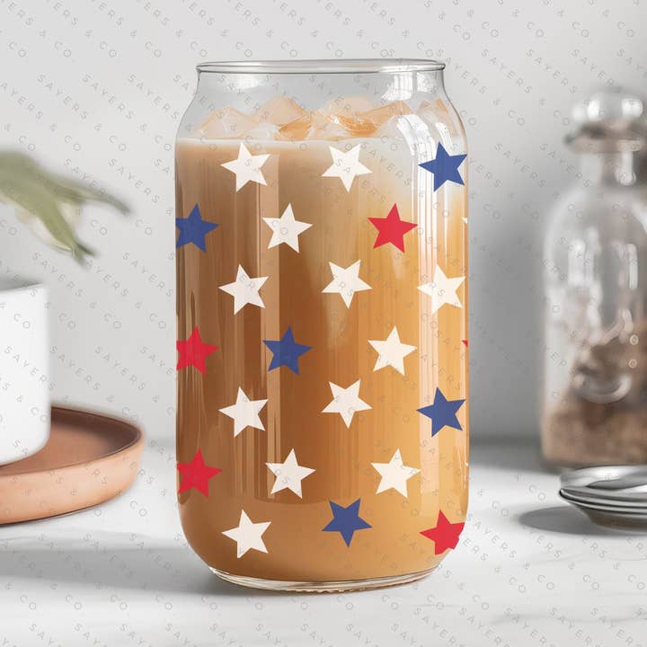 16oz Summer USA Super Stars Patriotic Glass Cup with Bamboo Lid & Straw #100131 for wholesale by Sayers & Co.