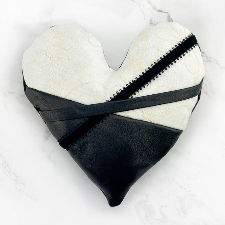 Black and Oatmeal Heart Pillow with Leather Panel for wholesale by Sumie Tachibana