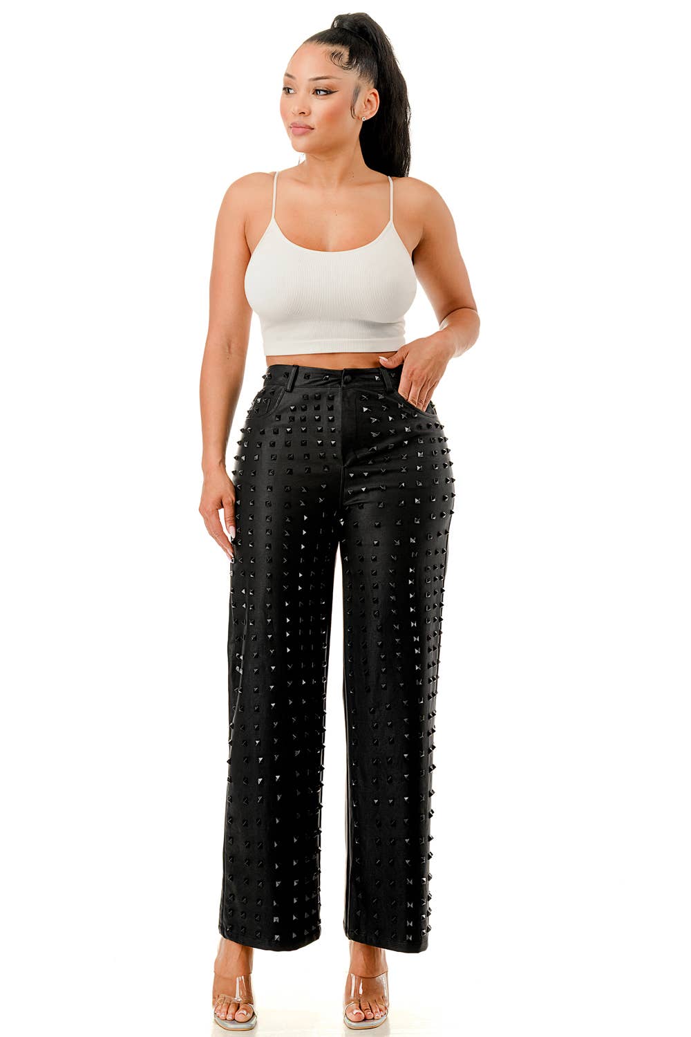 SALT - Venta al por mayor Pantalones - Mujer - Pantalones de Pierna Ancha con Tachuelas Negros (SP5047)6