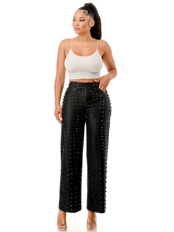 SALT - Wholesale Pants - Women's - (SP5047)Studded Black Wide-Leg Pants6
