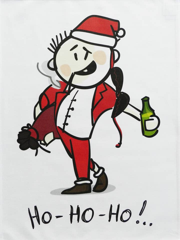 Torchon en coton Père Noël ivre Ho Ho Ho pour la vente par Half a Donkey