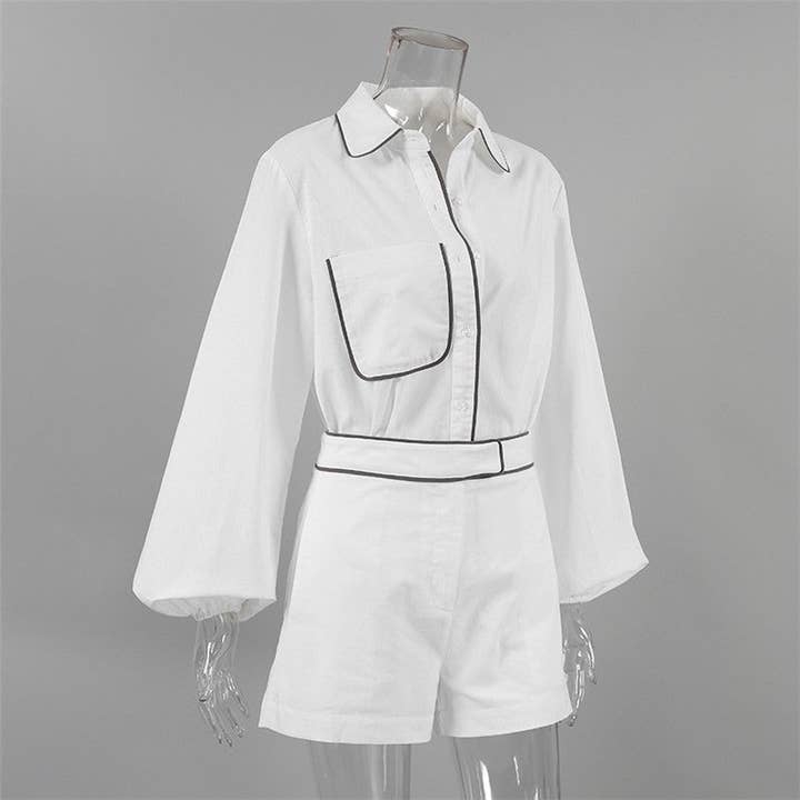 WHITE Loose Color Block Long Sleeve Shirt And Shorts Set for wholesale on Faire5