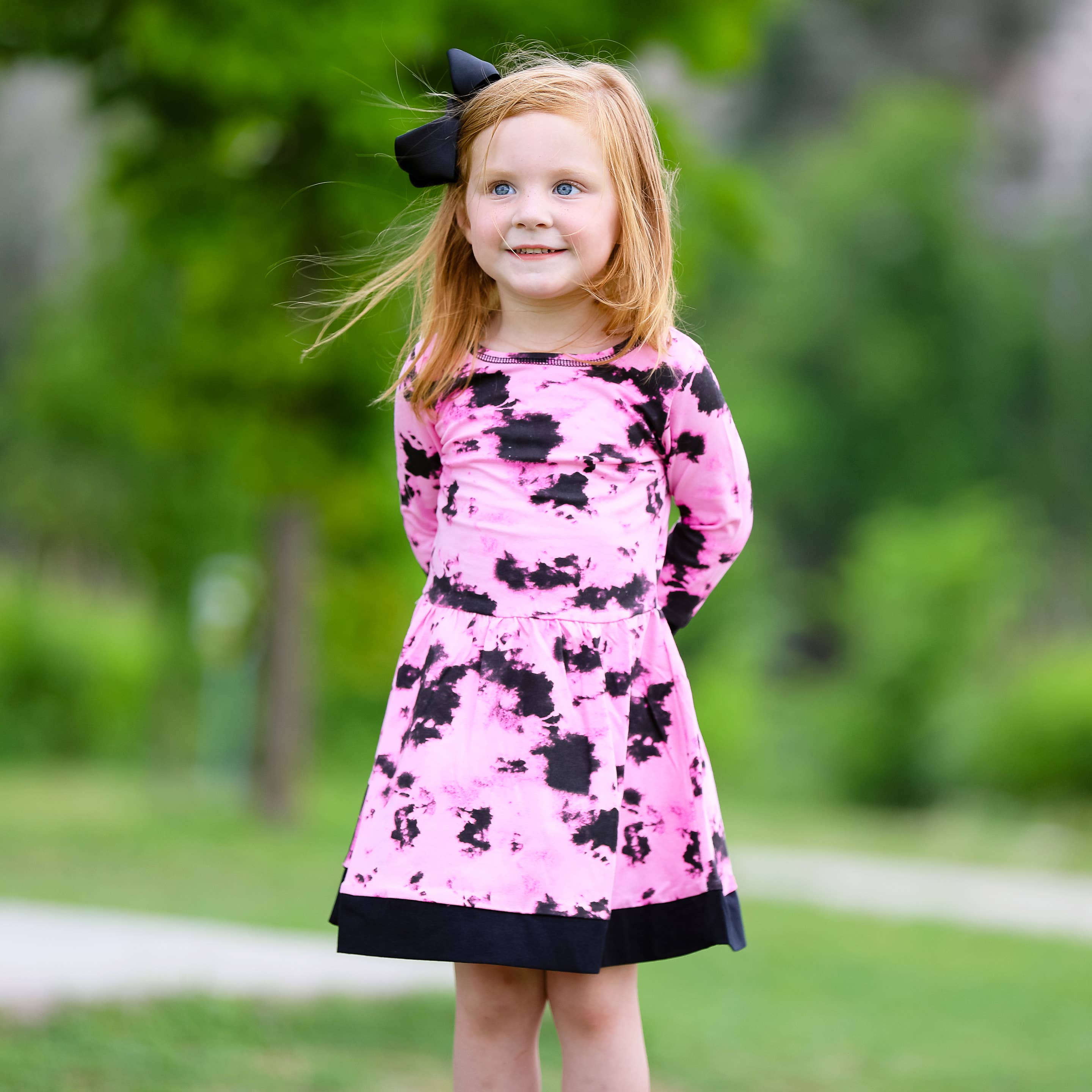 AnnLoren - Wholesale Dress - Kids - Pink & Black Groovy Girls Tie Dye Dress Cotton Kids Clothing1