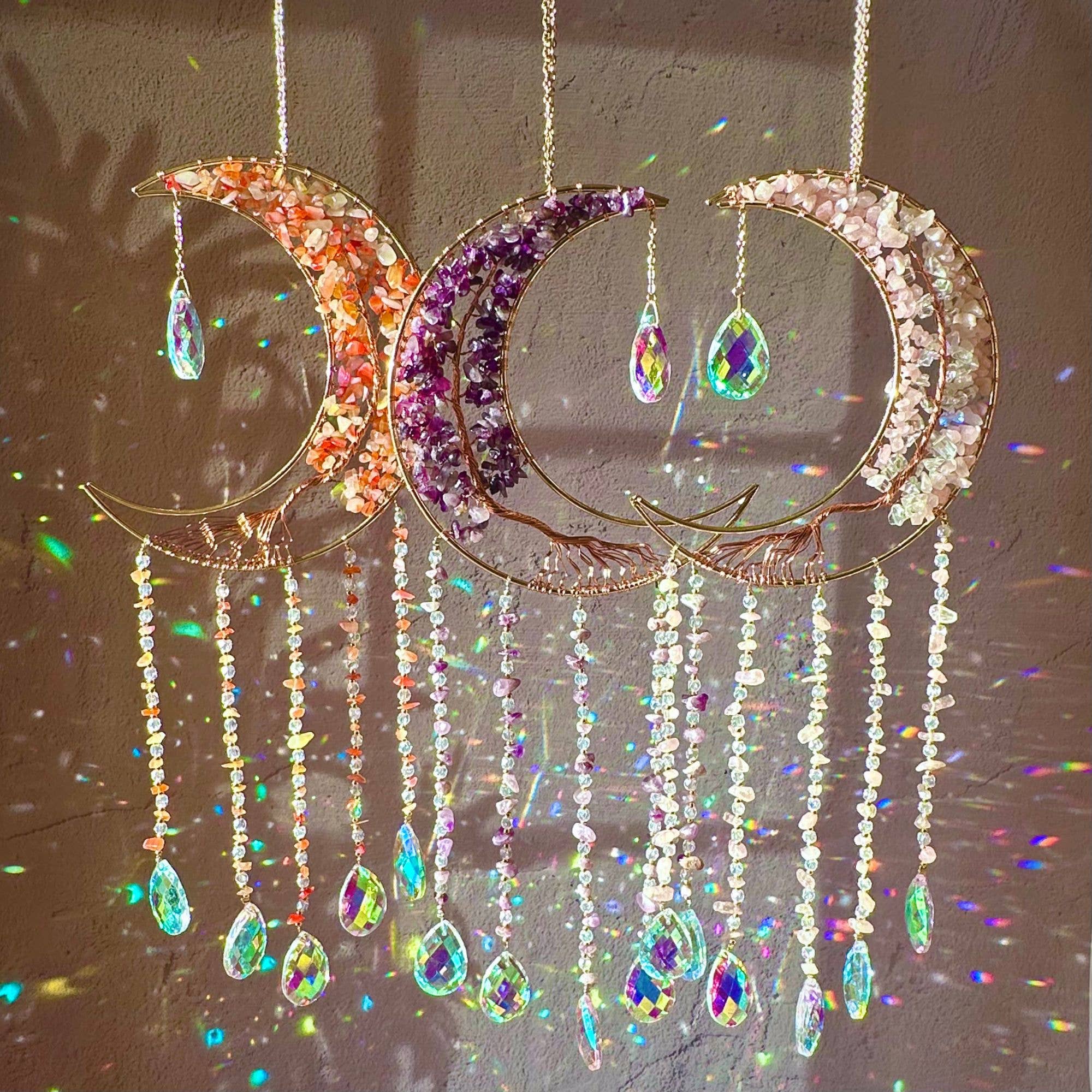 LilAryenne | Jewelry & Suncatchers - Vente Attrape-soleil - Lanceur de soleil Lune de cristal : Améthyste, Agate rouge, Quartz rose - Cadeau9