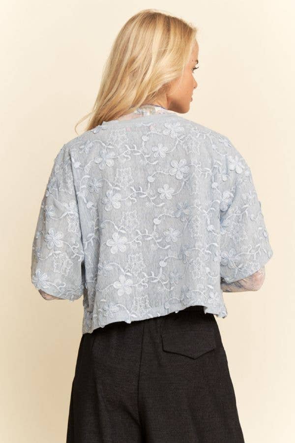 Blue FLORAL RUFFLE SHORT SLEEVE BABYDOLL MESH TOP for wholesale on Faire3