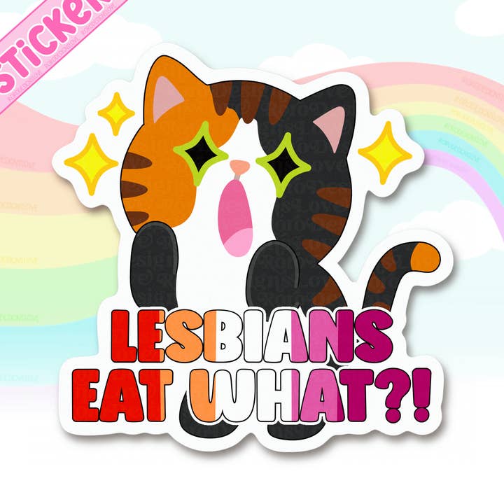 Lesbians eat what cat sticker, LGBTQIA laptop decal for wholesale by RoroDesignsLove