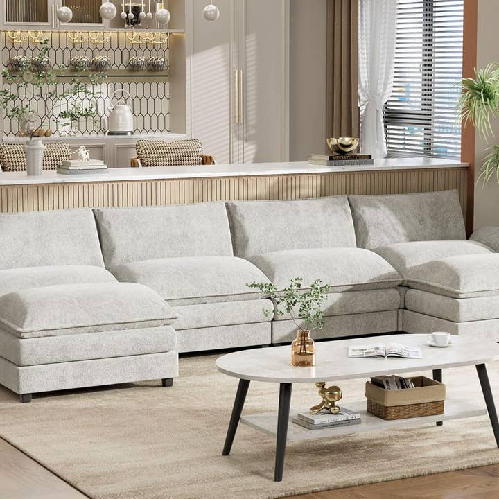 U Shaped Chenille Sectional Sofa Removable Ottoman White for wholesale on Faire7