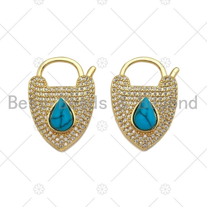 CZ Micro Pave Abalorios de cierre de candado turquesa, cierre de candado de corazón CZ, conector de cadena de corazón, dijes de collar de candado, 25 x 18 mm, SKU #K160 para venta al por mayor de BestBeads&Beyond