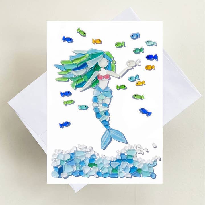 Mermaid & Fishes sea glass greeting card for wholesale by LISART LLC