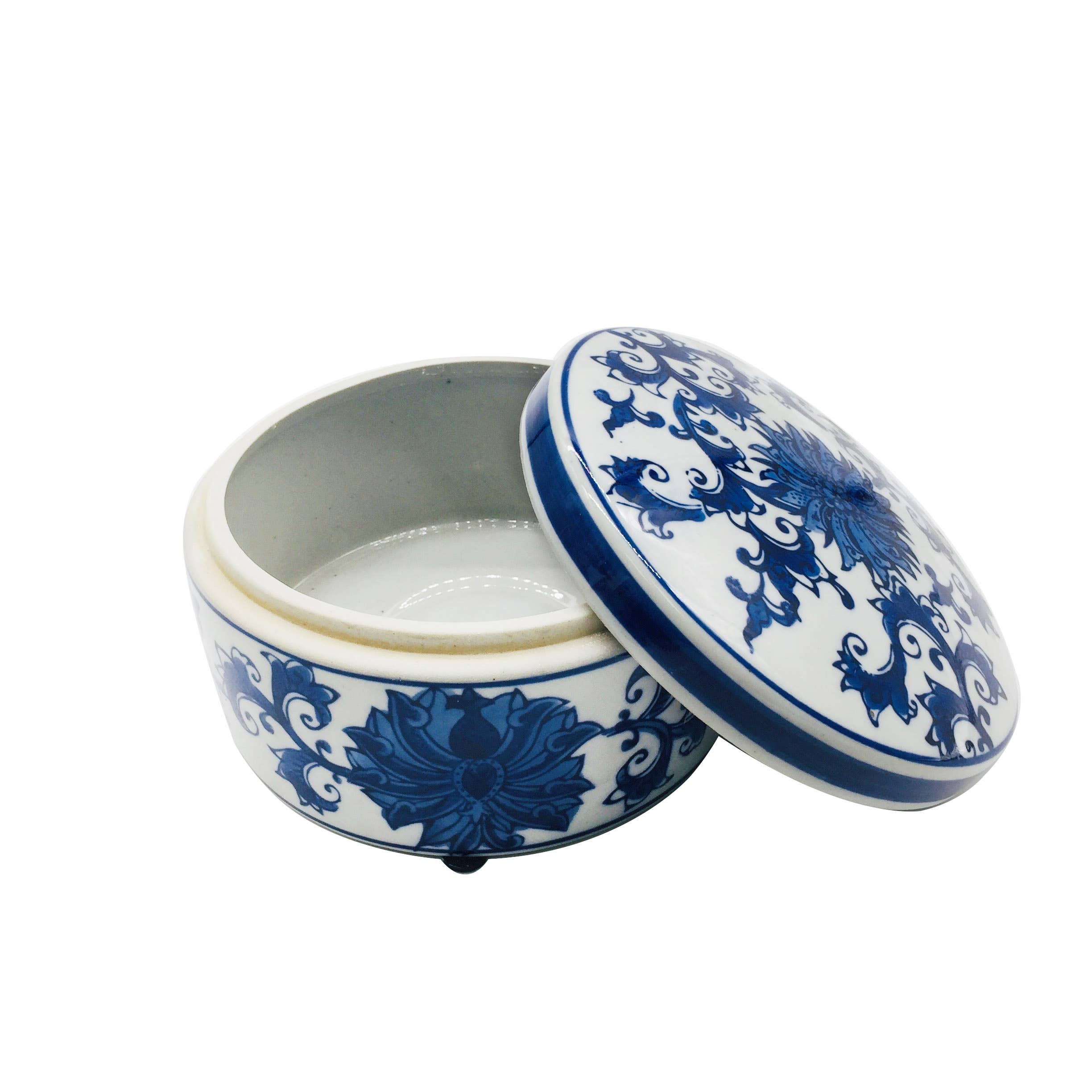 Galt International Company - Wholesale Decorative Box - Blue & White Chinoiserie Round Ceramic Box - Lotus2