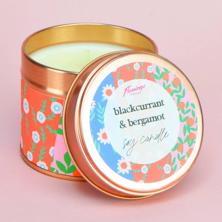 Zwarte bes en bergamot contrast bloemenprint roségoud blik voor wholesale door Flamingo Candles