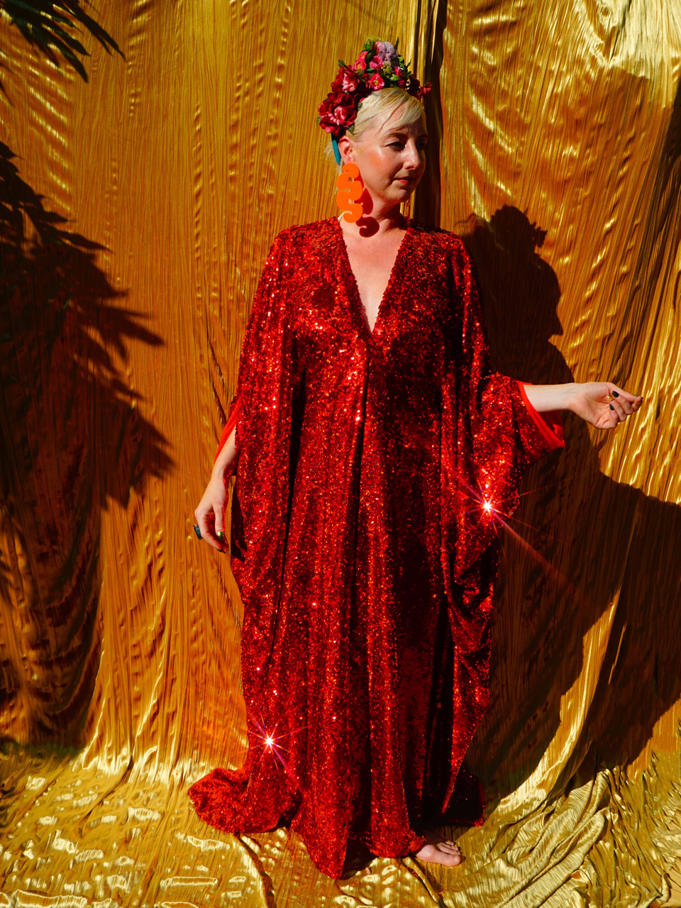 Fumbalinas – wholesale Kaftan – Women's – Red Holographic Sequin Maxi Kaftan Gown / Kimono Robe4