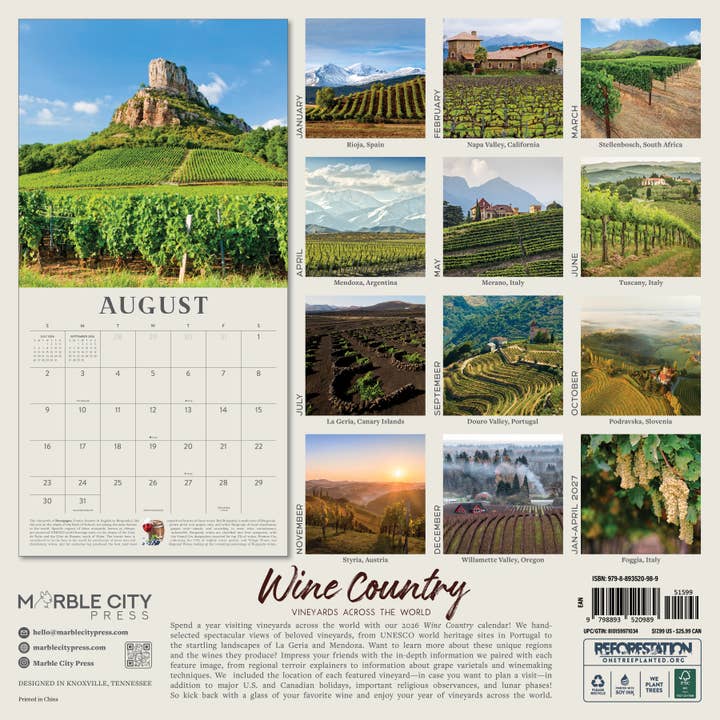 Marble City Press - Wholesale Calendar - Wine Country 2026 Wall Calendar Marble City Press1