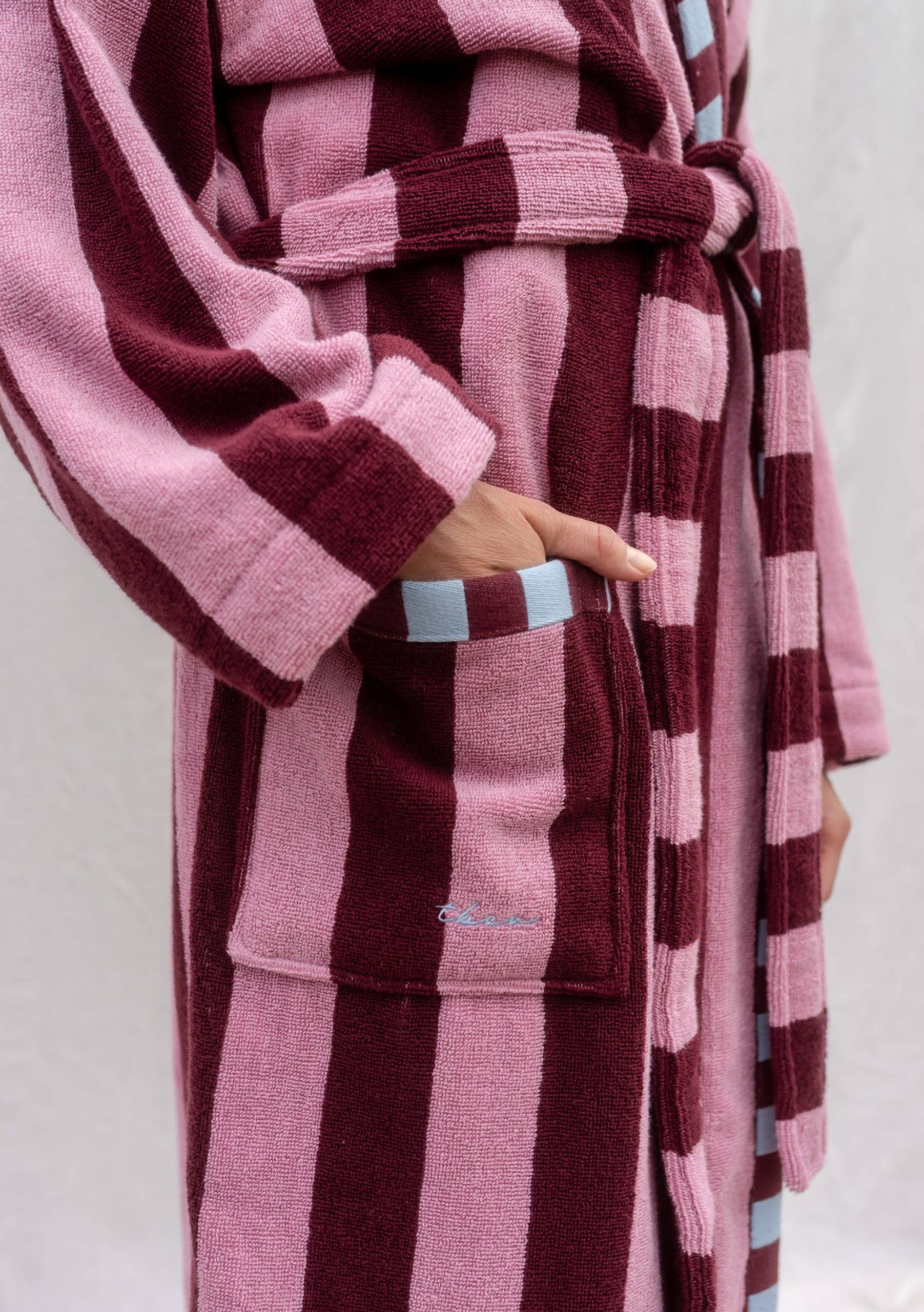 TBCo - Wholesale Robe - Women's - Terry Cotton Bath Robe in Burgundy Stripe2