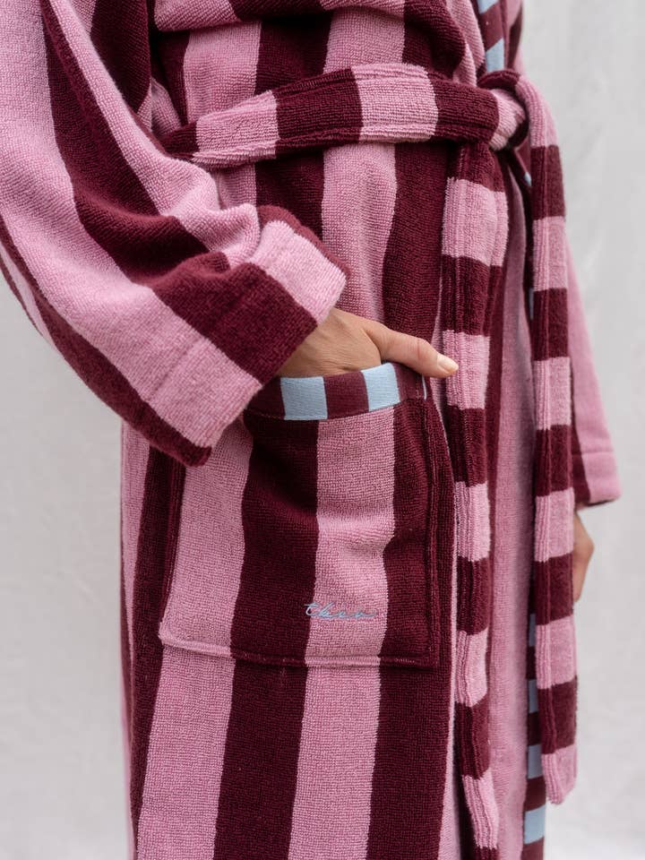 TBCo - Wholesale Robe – Women's - Terry Cotton Bath Robe in Burgundy Stripe2