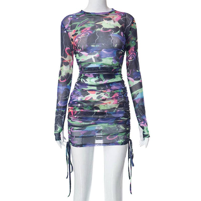 VividLux - Vente Robe – femme - Robe sexy plissée imprimée en maille pour femmes, automne-hiver3