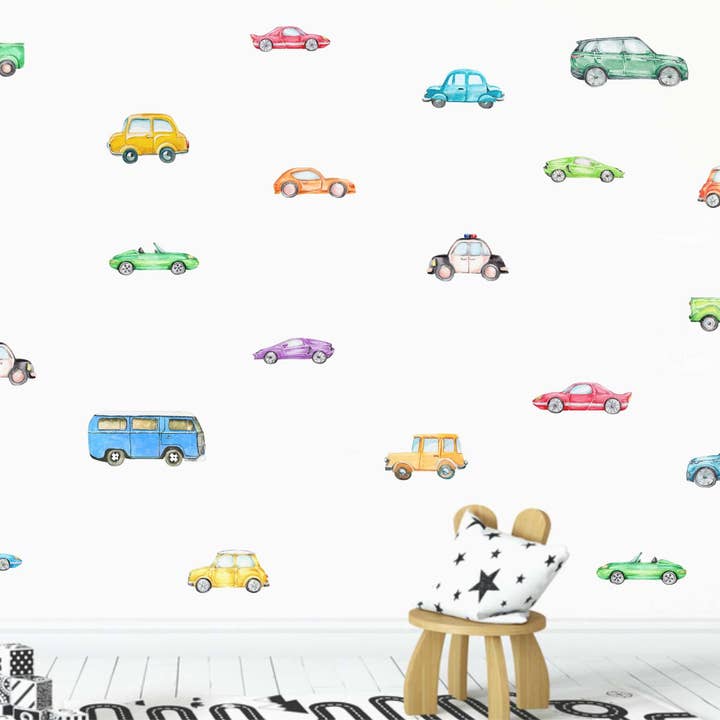 Autocolantes de Parede de Veículos em Aguarela, Carro Desportivo, SUV, Autocaravana, Carro de Polícia, Camionetas Decoração de Quarto Infantil, Decoração de Berçário de Transportes por atacado de Decals Online