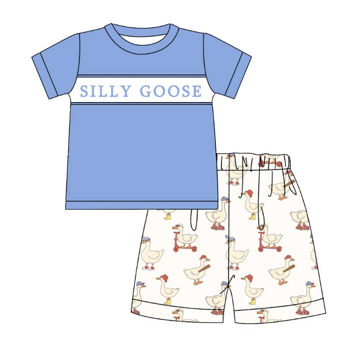 Auraquise - Wholesale Top & Short Set - Kids - Boys Sibling Summer Silly Goose Embroidery Matching Clothes