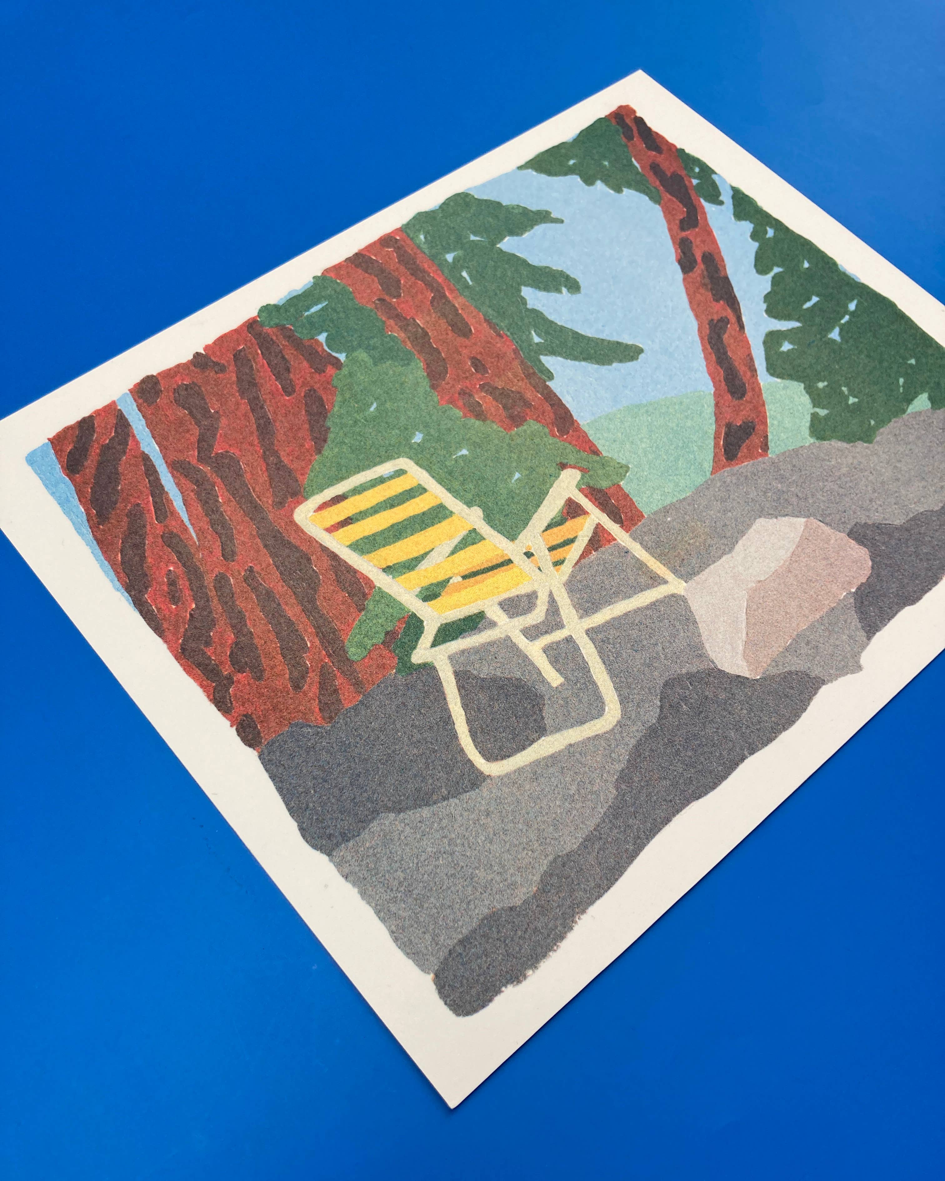 We are out of office – wholesale Konsttryck – Ett risograftryck av en gouache-målning av en gul stol1