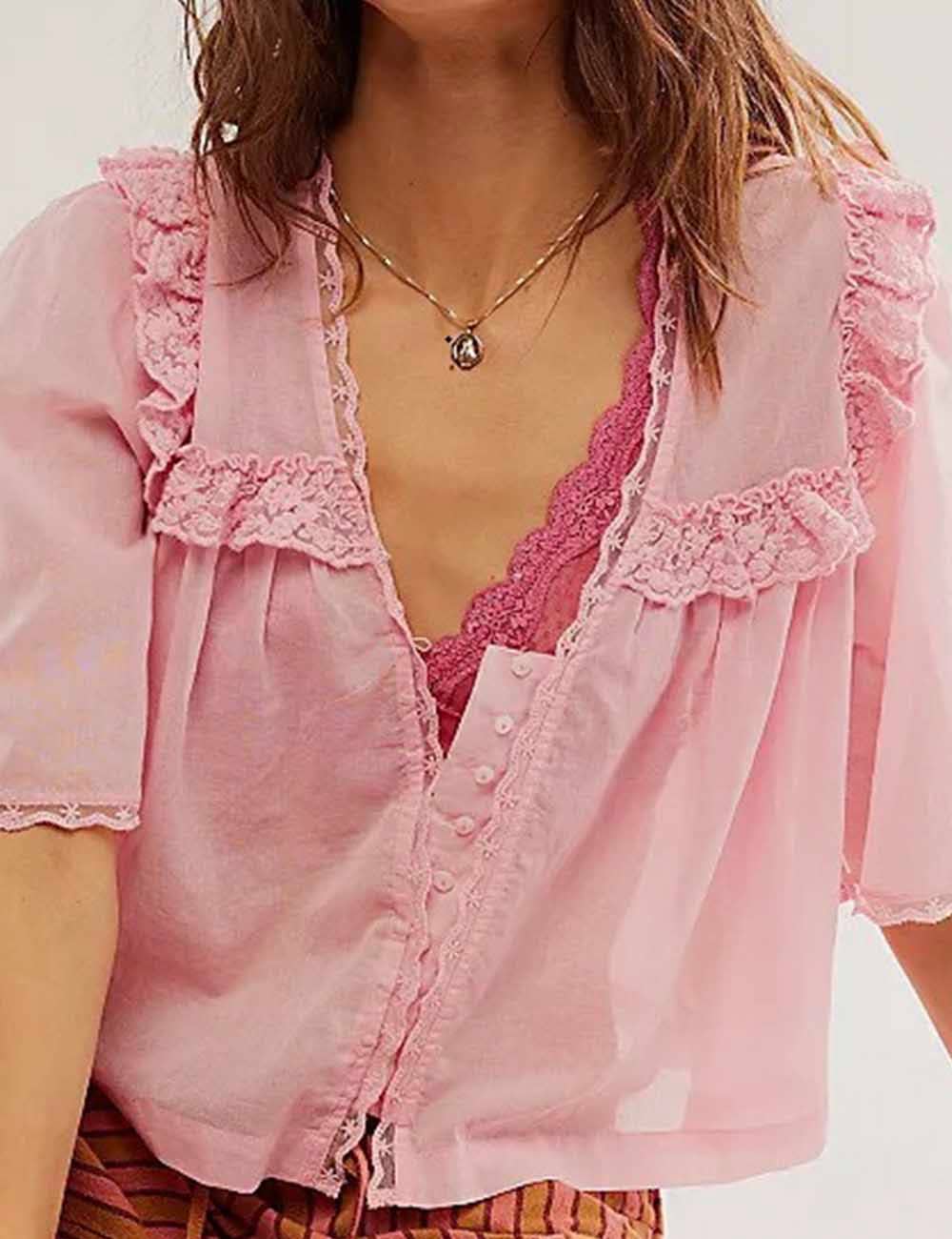 Sweetkama - Vente Chemisier – femme - Blouse en dentelle à manches courtes avec col Claudine pour femme4