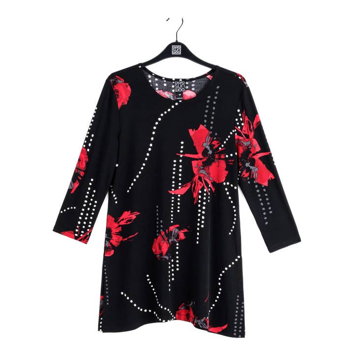 Black Red TU225P1 - Side Vent Kerchief Hem Tunic - Polka Poppy for wholesale on Faire4