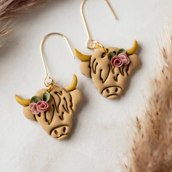 Floral Highland Cow Dangles for wholesale by Crafted From Faith, LLC